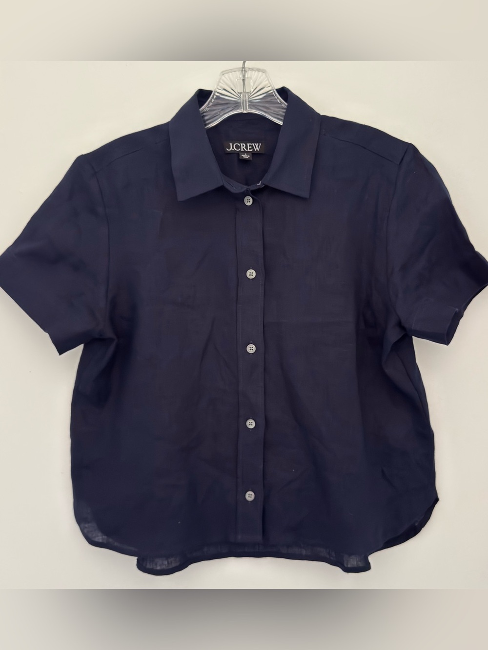 J. Crew Navy Short-Sleeve Button-Down Shirt cropped casual workwear tropical